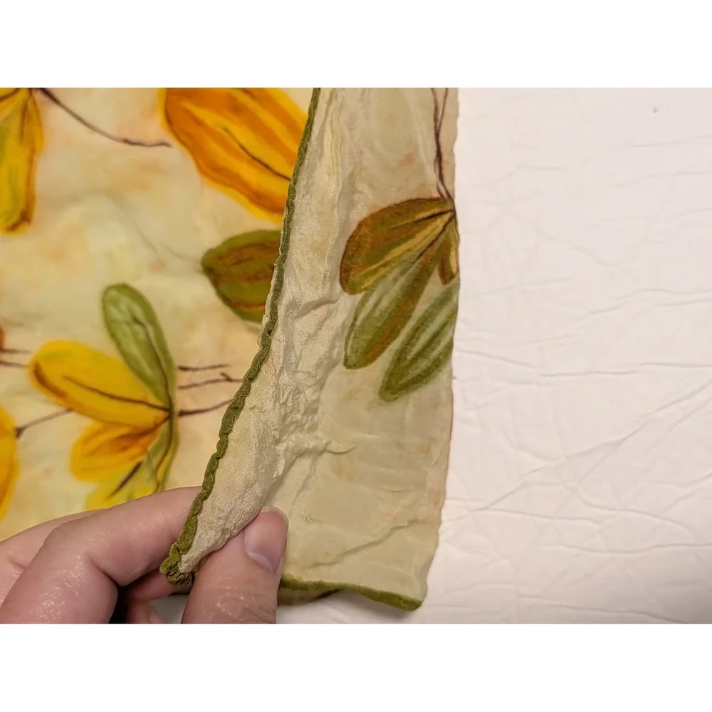 VTG Hand Painted Silk Scarf Botanical‎ Leaf Chartreuse Earth Tone MCM Hand Roll